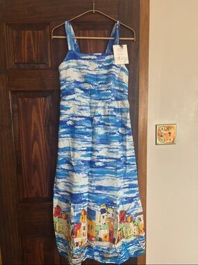 Blue Watercolor linen-cotton Sundress, NWT made in Italy